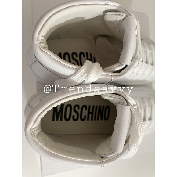 MOSCHINO Leather High Top Sneaker Logo Stud Lace Up White Shoes 8 NWT AUTHENTIC - Picture 13 of 16